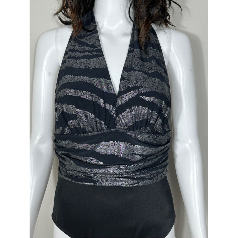 Magicsuit Woman Swimsuit Size 10 Black Silver Metallic Yves One-Piece Halter - Picture 3 of 11